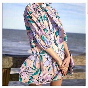 HUNTER BELL Pink Floral Puff-Sleeve Mini Dress with Teal Accents